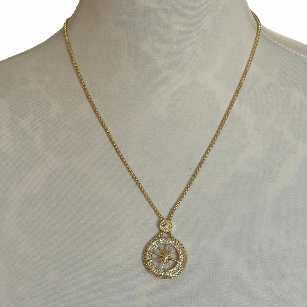 Gold Tone Compass Starburst Pendant Necklace with Crystal Halo